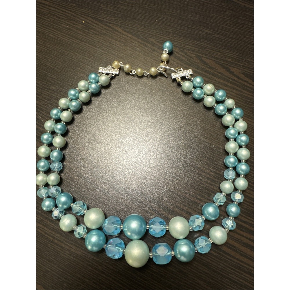 Vintage Made  In  Japan Double Strand  Blue Bead Choker Necklace Accent Beads